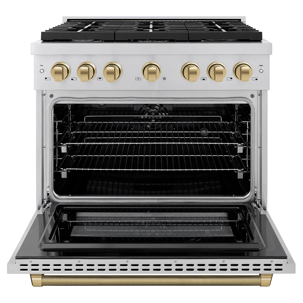 ZLINE Autograph Edition Paramount 36-inch range in stainless steel and champagne bronze accents SDRZ-36-KCB, front view