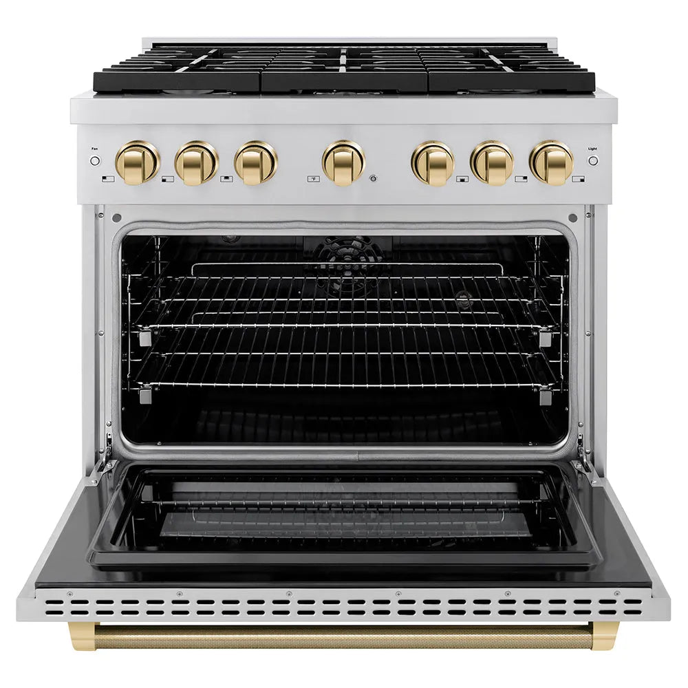 ZLINE Autograph Edition Paramount 36-inch range in stainless steel and polished gold accents SDRZ-36-KG, front view
