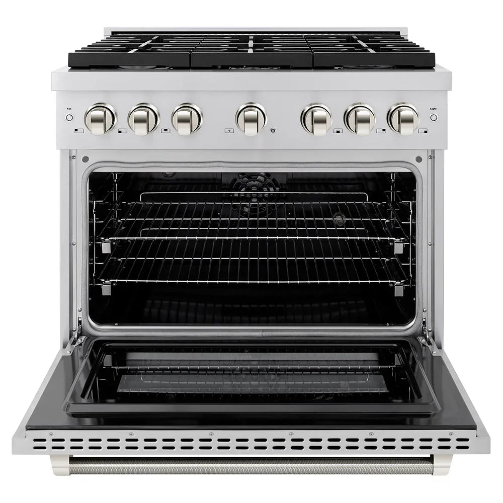 ZLINE Autograph Edition Paramount 36-inch range in stainless steel and polished nickel accents SDRZ-36-KPN, front view