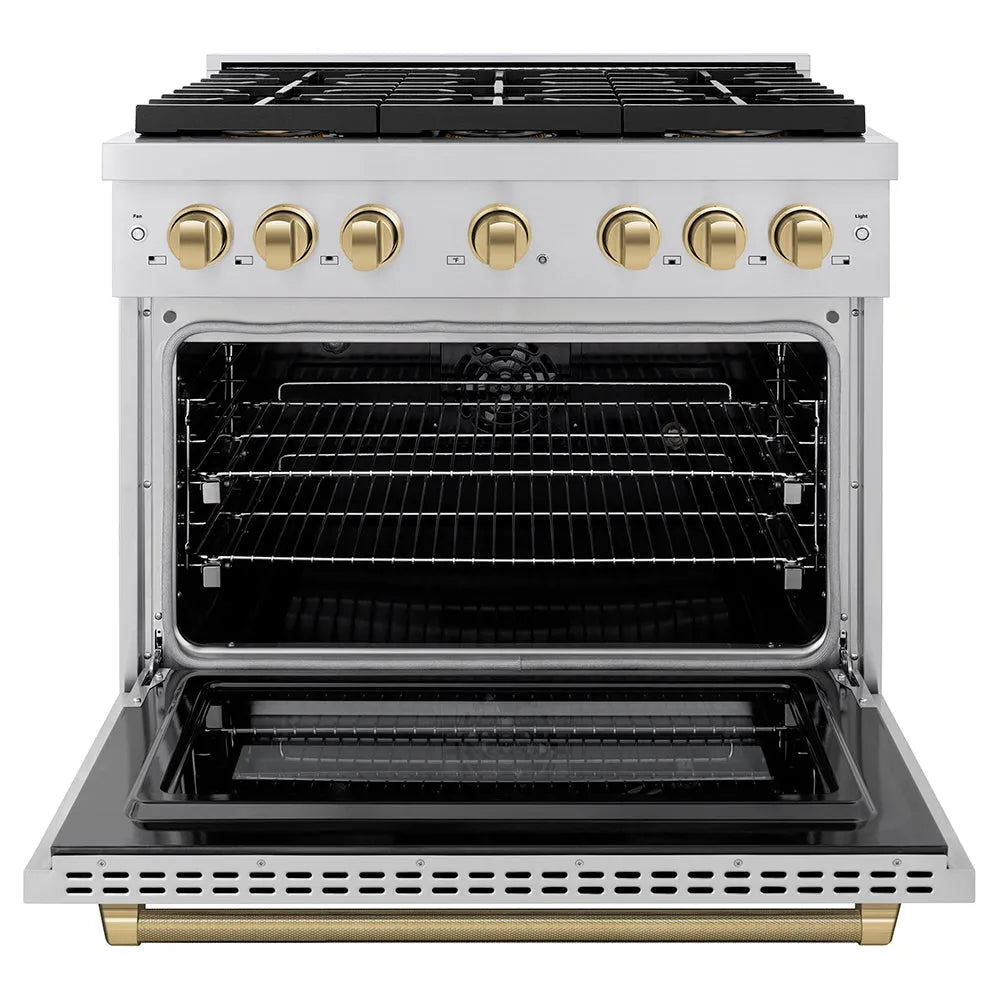 ZLINE Autograph Edition Paramount 36-inch range in stainless steel and champagne bronze accents PSDRZ-36-KCB, front view