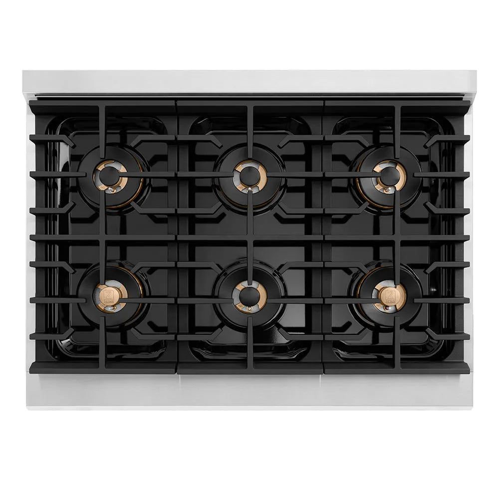 ZLINE Autograph Edition Paramount 36-inch range in stainless steel and polished nickel accents PSDRZ-36-KPN, from above