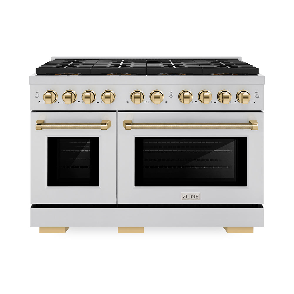ZLINE Autograph Edition Paramount 48-inch range in stainless steel and polished gold accents PSDRZ-48-KG, front view