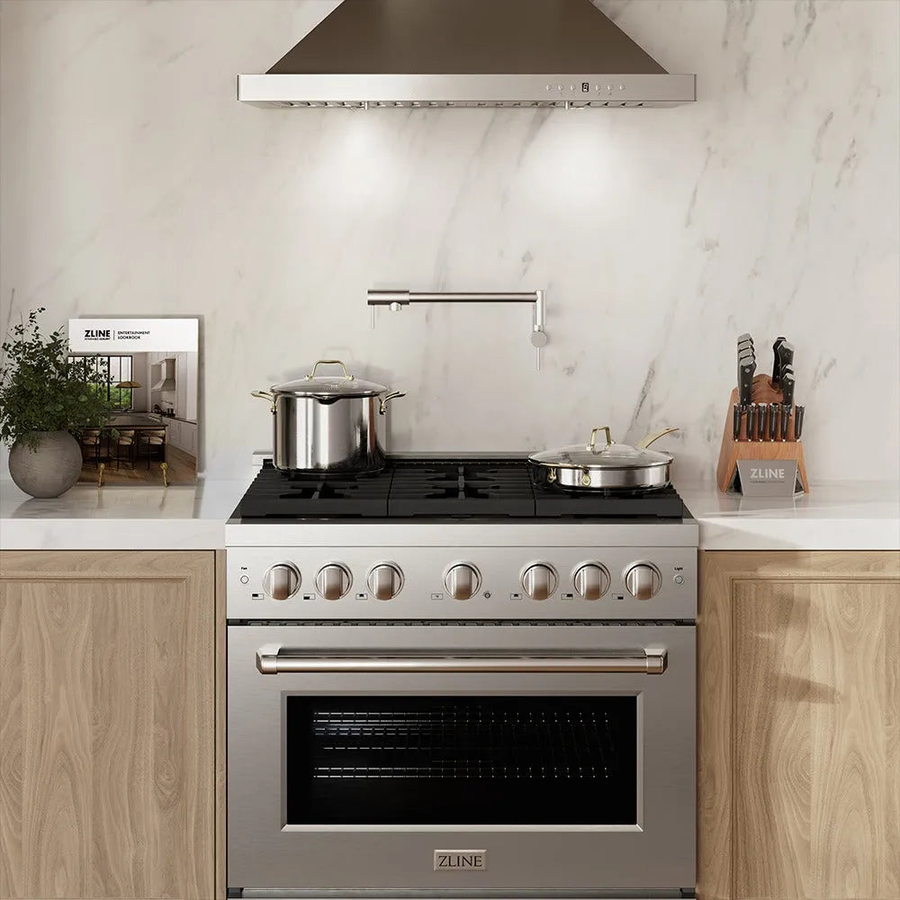 ZLINE 36-inch kitchen package 4KPR-SGRRH36-DWV installed in a kitchen