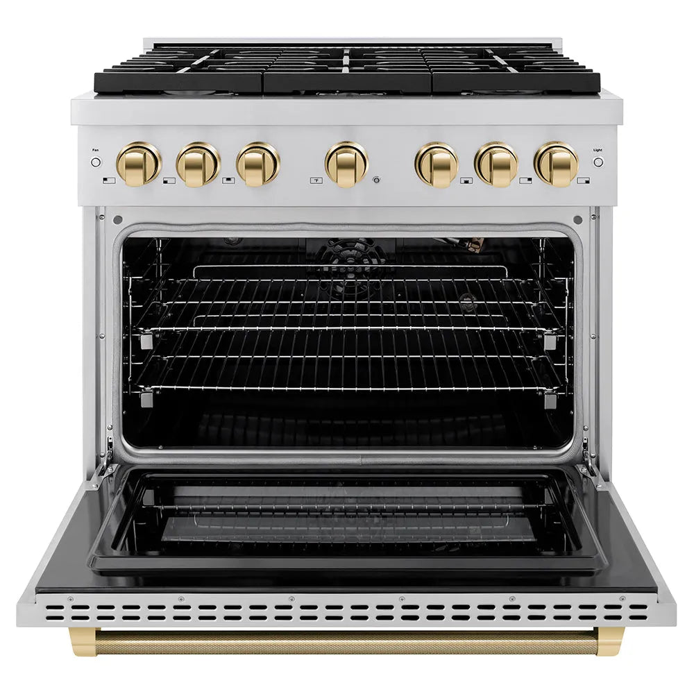 ZLINE Autograph Edition Paramount 36-inch range in stainless steel and polished gold accents SGRZ-36-KG, front view