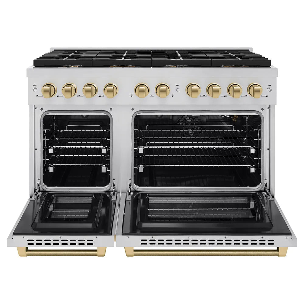 ZLINE Autograph Edition Paramount 48-inch range in stainless steel and champagne bronze accents SGRZ-48-KCB, front view
