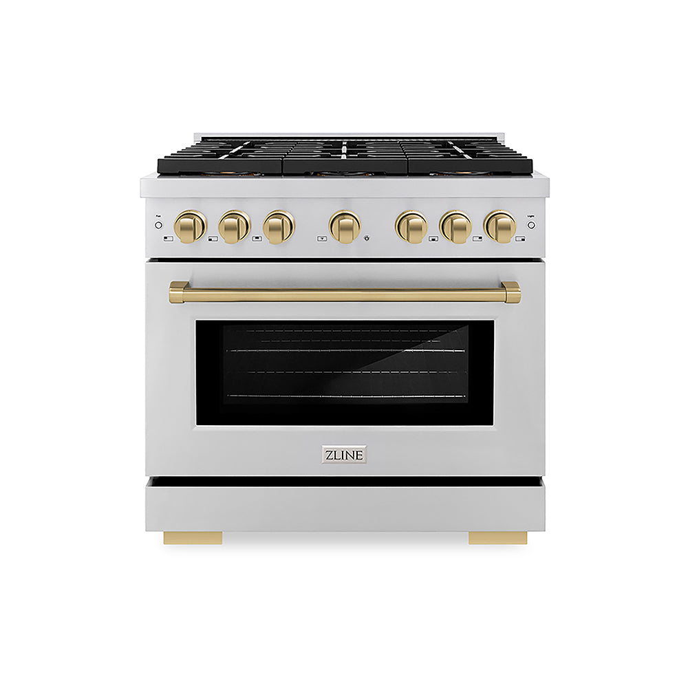 ZLINE Autograph Edition Paramount 36-inch range in stainless steel and champagne bronze accents PSGRZ-36-CB, front view