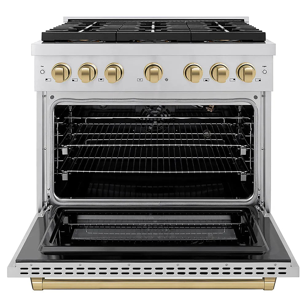 ZLINE Autograph Edition Paramount 36-inch range in stainless steel and champagne bronze accents PSGRZ-36-CB, front view