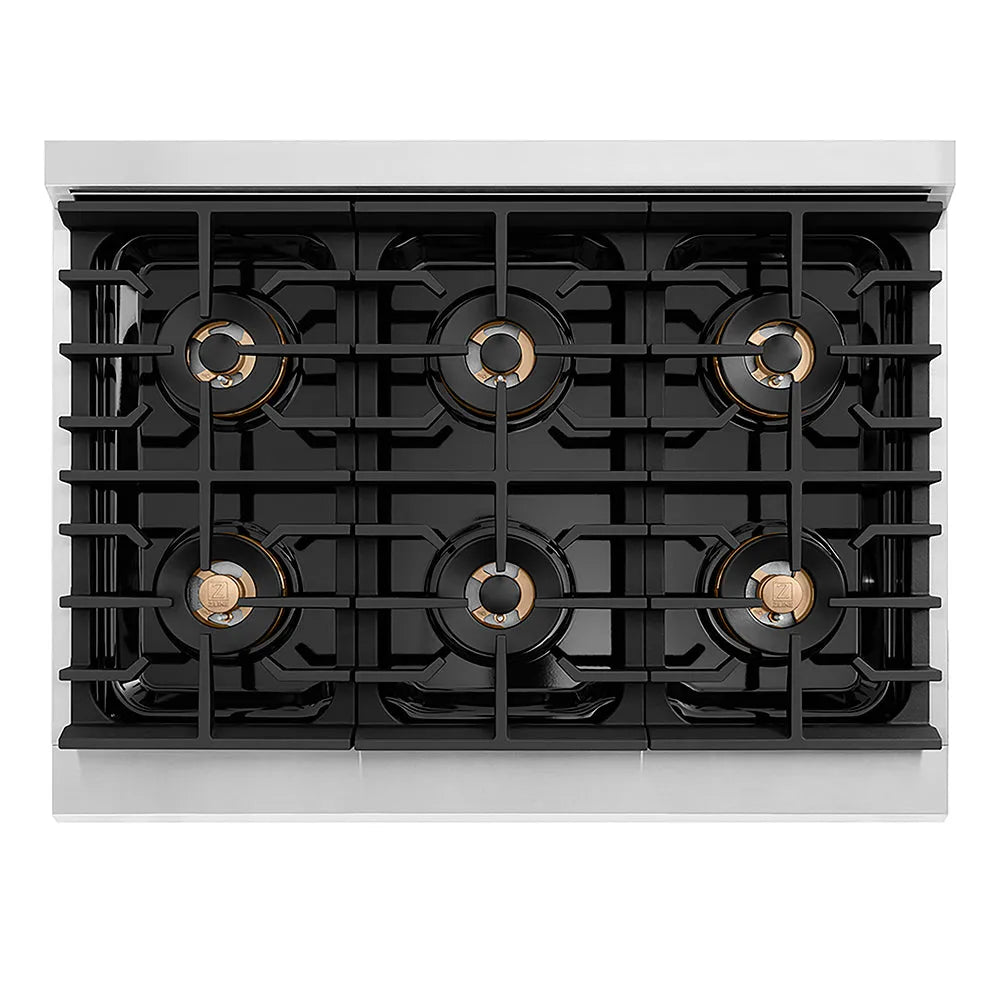 ZLINE Autograph Edition Paramount 36-inch range in stainless steel and polished gold accents PSGRZ-36-G, from above