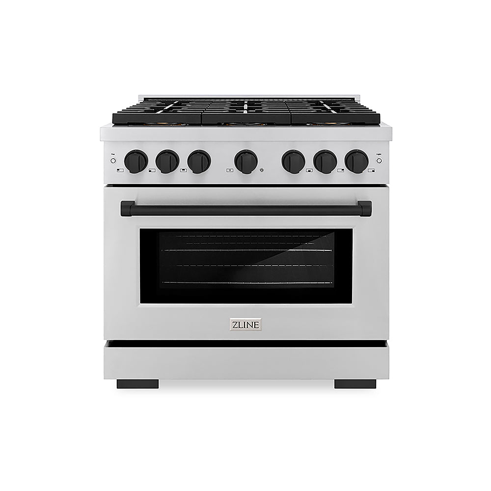 ZLINE Autograph Edition Paramount 36-inch range in stainless steel and matte black accents PSGRZ-36-MB, front view