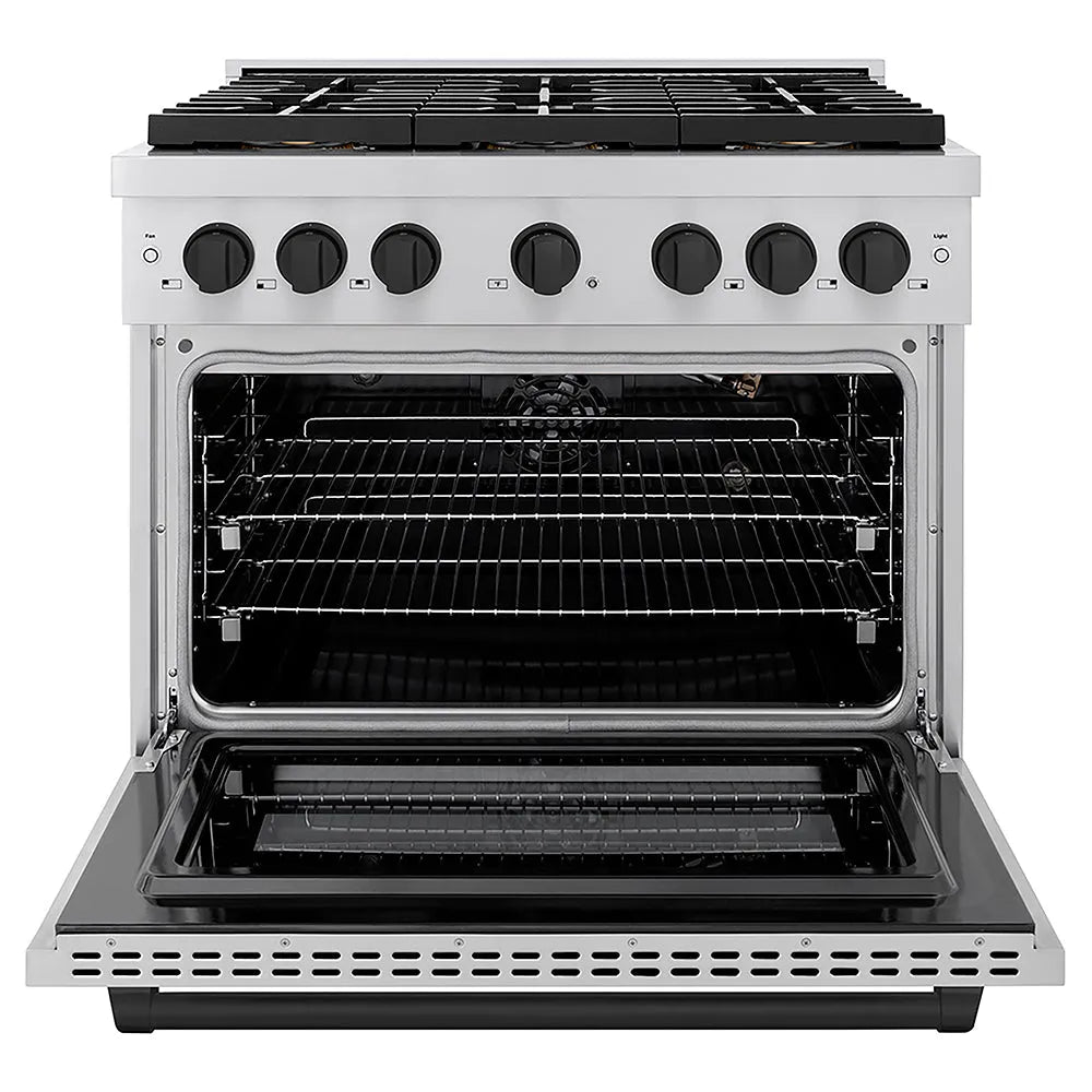 ZLINE Autograph Edition Paramount 36-inch range in stainless steel and matte black accents PSGRZ-36-MB, front view