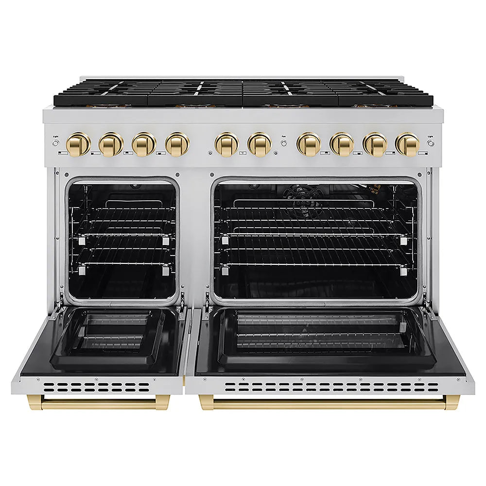 ZLINE Autograph Edition Paramount 48-inch range in stainless steel and polished gold accents PSGRZ-48-G, front view