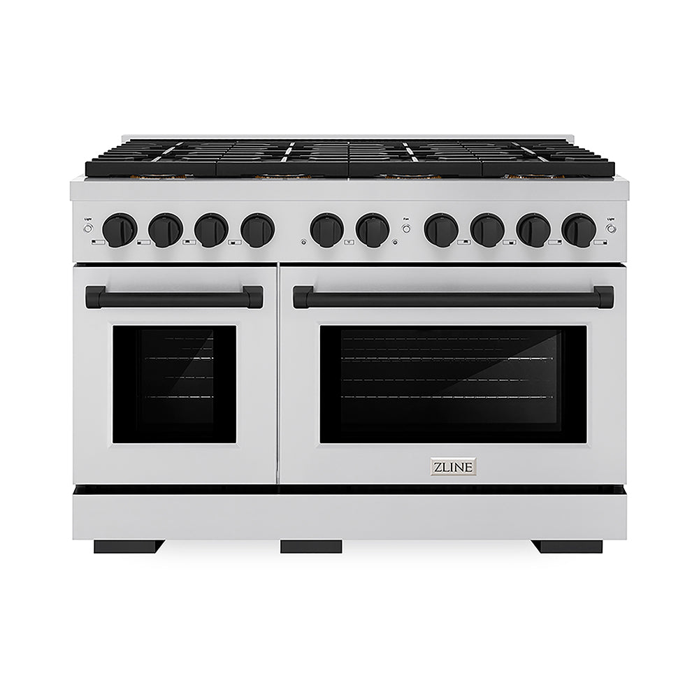 ZLINE Autograph Edition Paramount 48-inch range in stainless steel and matte black accents PSGRZ-48-MB, front view