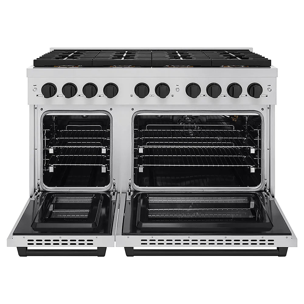 ZLINE Autograph Edition Paramount 48-inch range in stainless steel and matte black accents PSGRZ-48-MB, front view