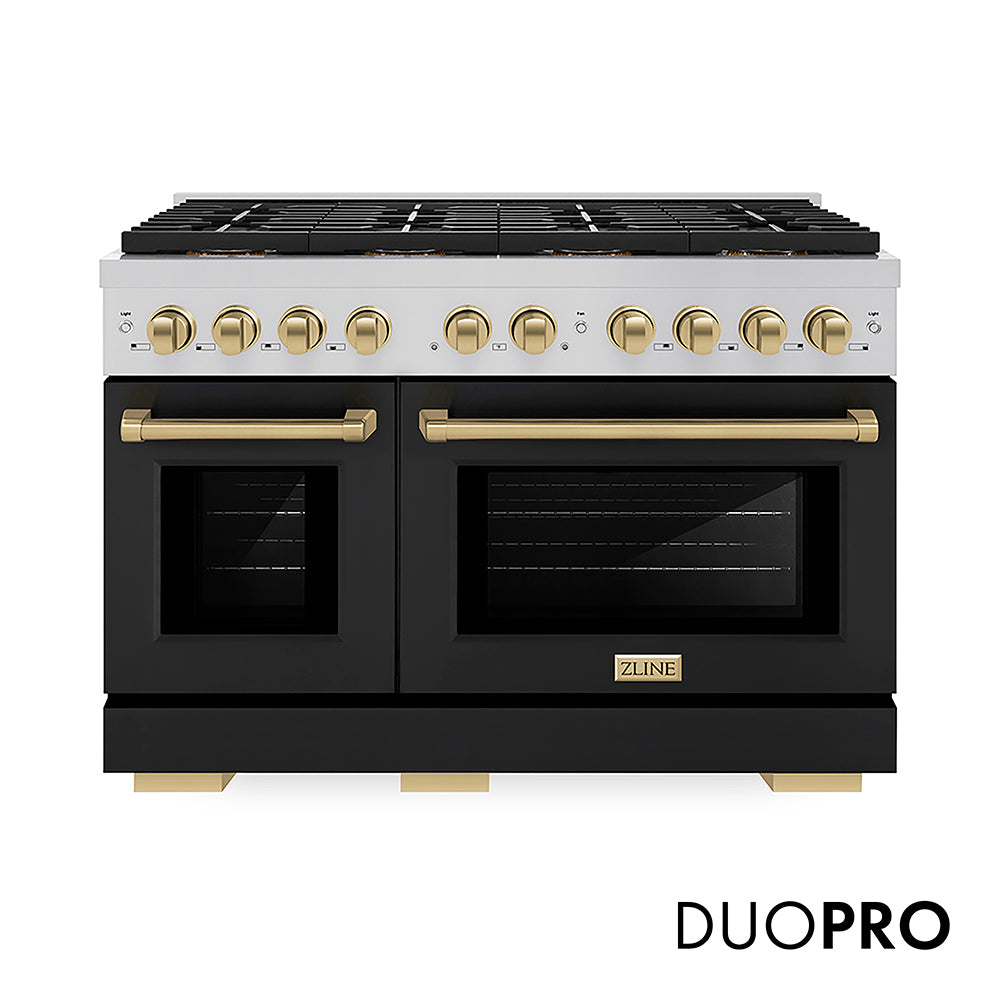 ZLINE Autograph Edition Paramount 48-inch range in black matte and champagne bronze accents PSGRZ-BLM-48-CB