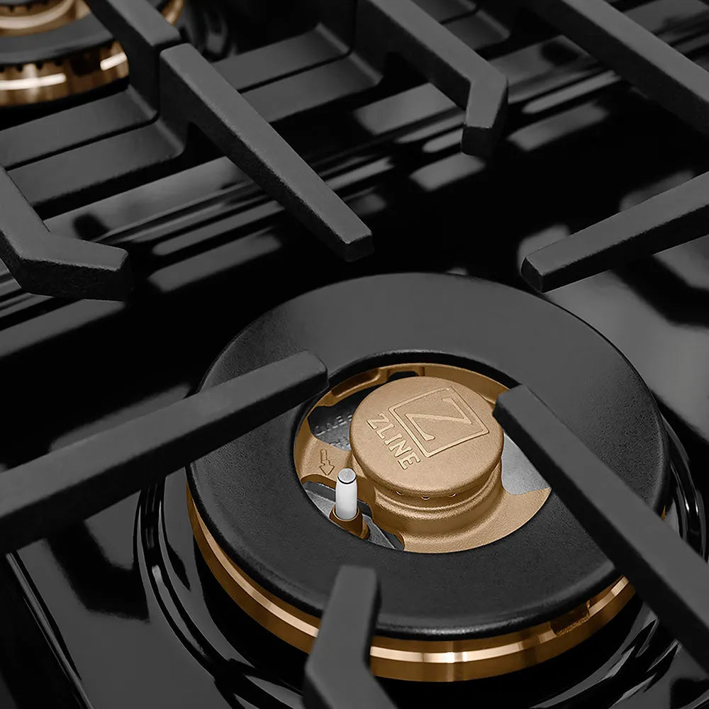 ZLINE Autograph Edition Paramount 48-inch range in black matte and polished gold accents PSGRZ-BLM-48-G, from above