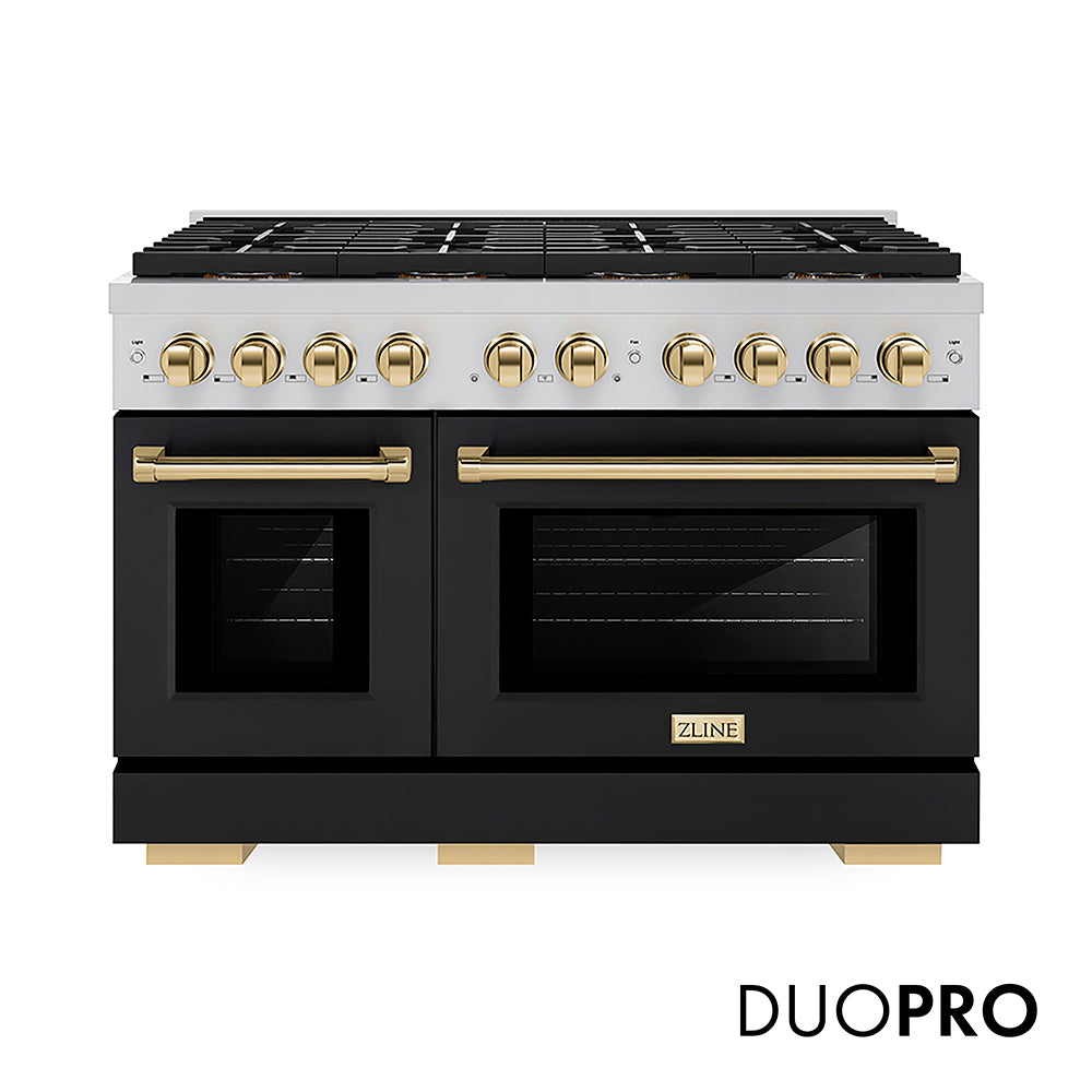 ZLINE Autograph Edition Paramount 48-inch range in black matte and polished gold accents PSGRZ-BLM-48-G