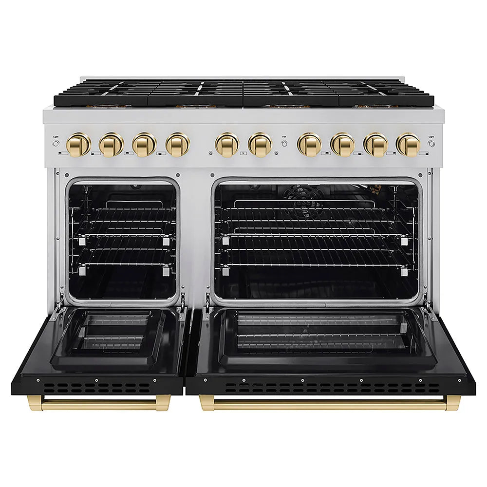ZLINE Autograph Edition Paramount 48-inch range in black matte and polished gold accents PSGRZ-BLM-48-G, front view