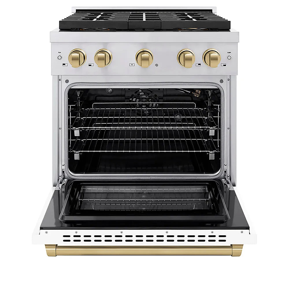 ZLINE Autograph Edition Paramount 30-inch range in stainless steel with white matte door and champagne bronze accents PSGRZ-WM-30-CB, front view