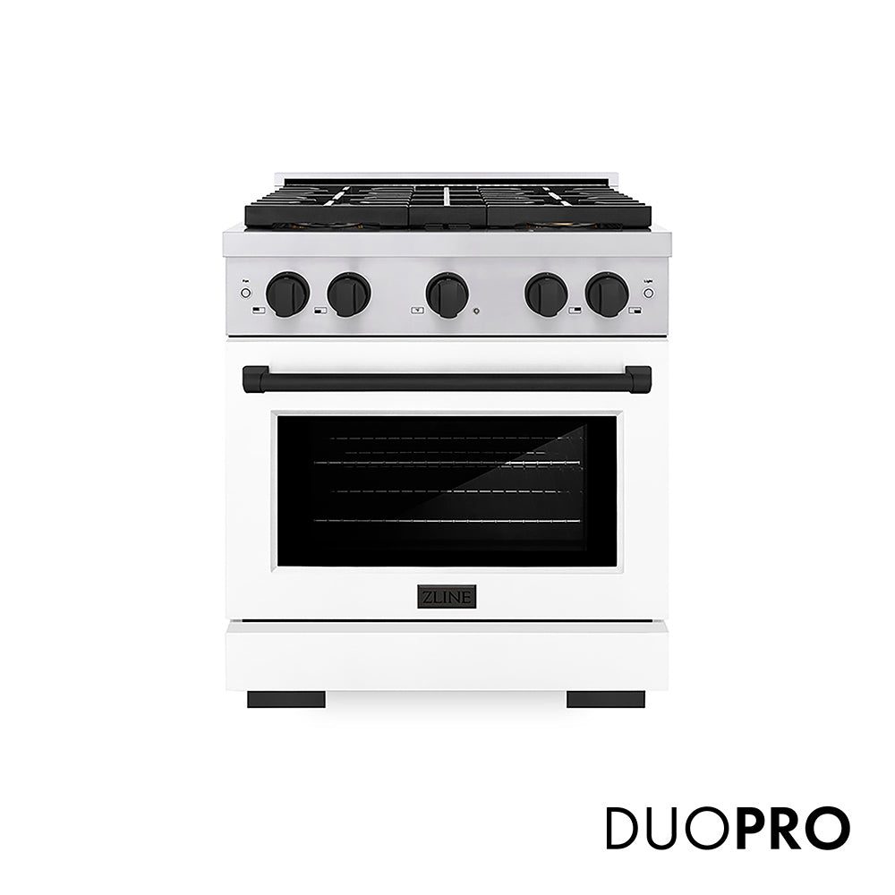 ZLINE Autograph Edition Paramount 30-inch range in stainless steel with white matte door and matte black accents PSGRZ-WM-30-MB
