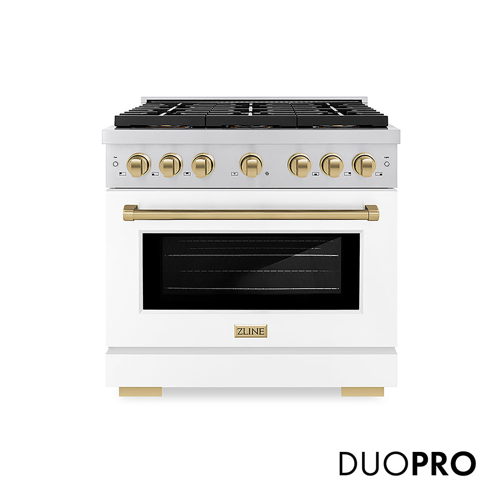 ZLINE Autograph Edition Paramount 36-inch range in white matte and champagne bronze accents PSGRZ-WM-36-CB