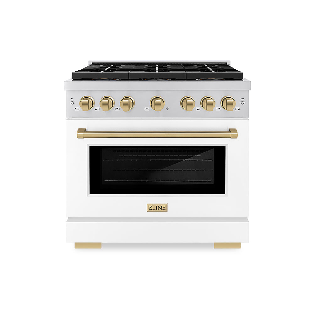 ZLINE Autograph Edition Paramount 36-inch range in white matte and champagne bronze accents PSGRZ-WM-36-CB, front view