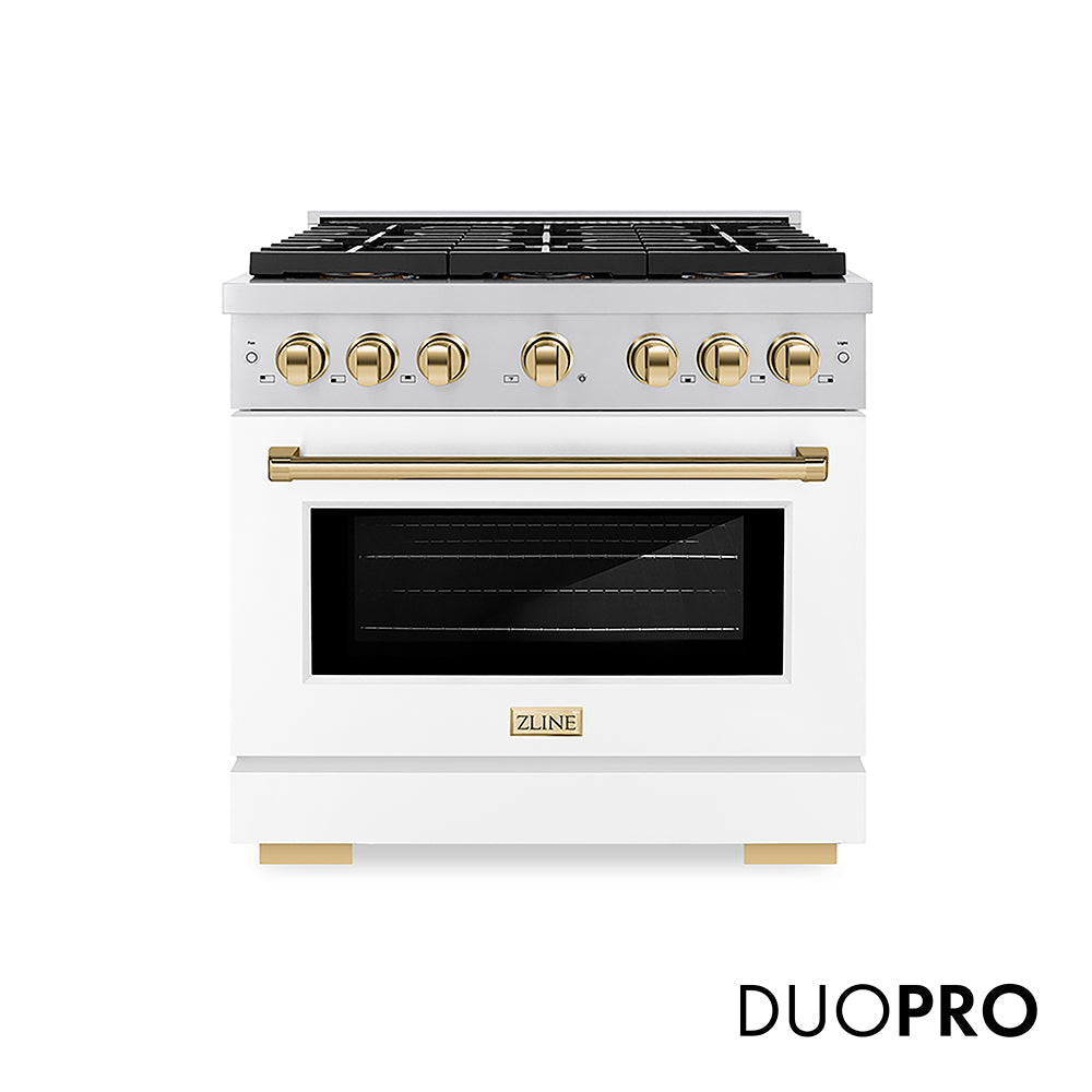 ZLINE Autograph Edition Paramount 36-inch range in white matte and polished gold accents PSGRZ-WM-36-G