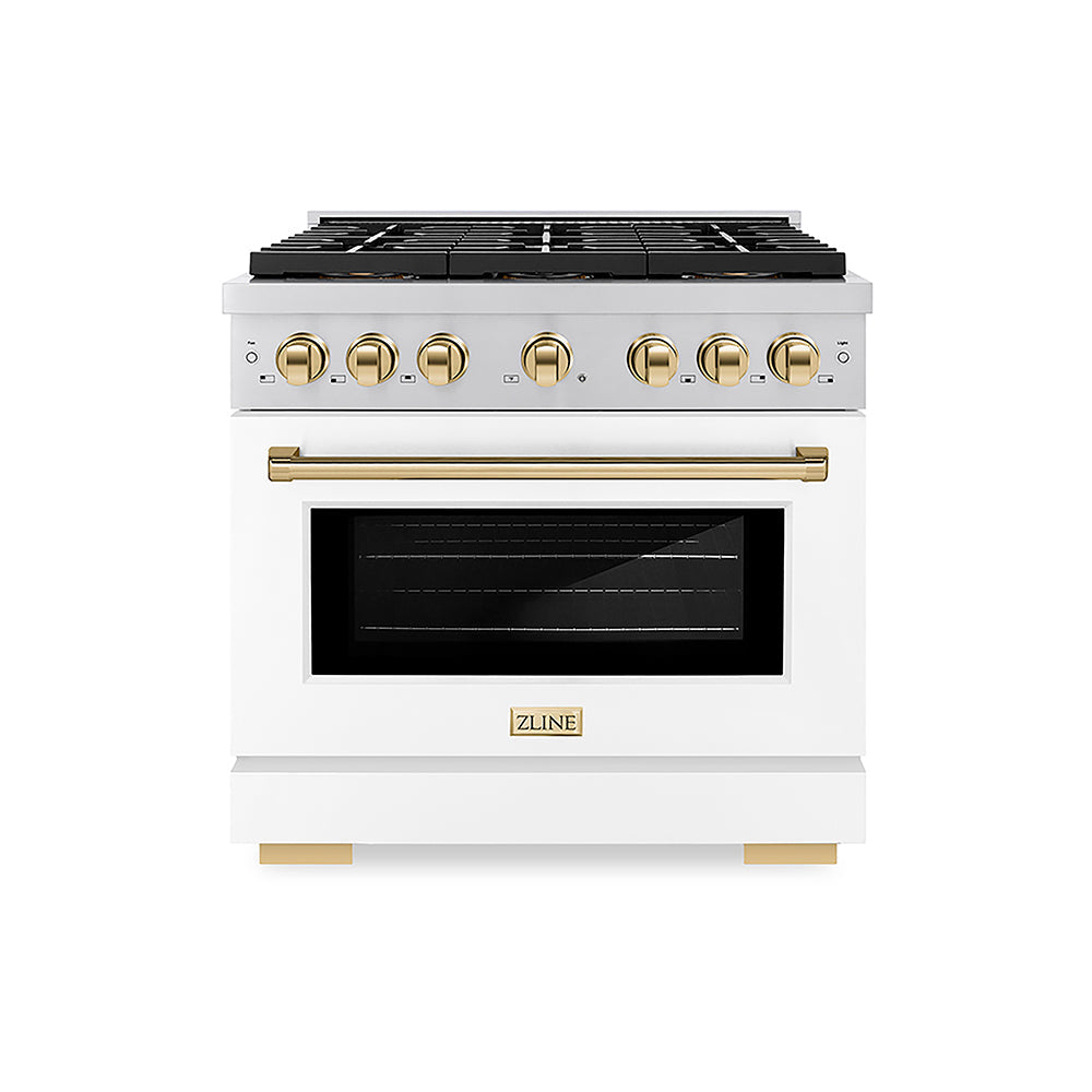 ZLINE Autograph Edition Paramount 36-inch range in white matte and polished gold accents PSGRZ-WM-36-G, front view