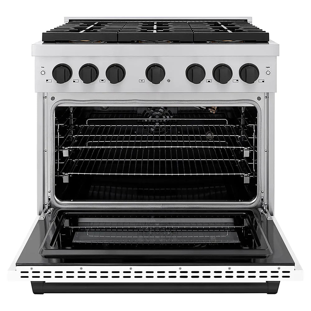 ZLINE Autograph Edition Paramount 36-inch range in white matte and matte black accents PSGRZ-WM-36-MB, front view