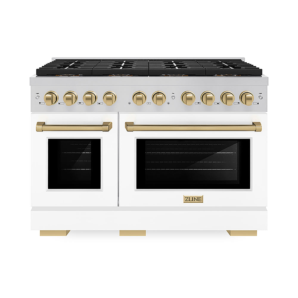 ZLINE Autograph Edition Paramount 48-inch range in white matte and champagne bronze accents PSGRZ-WM-48-CB, front view