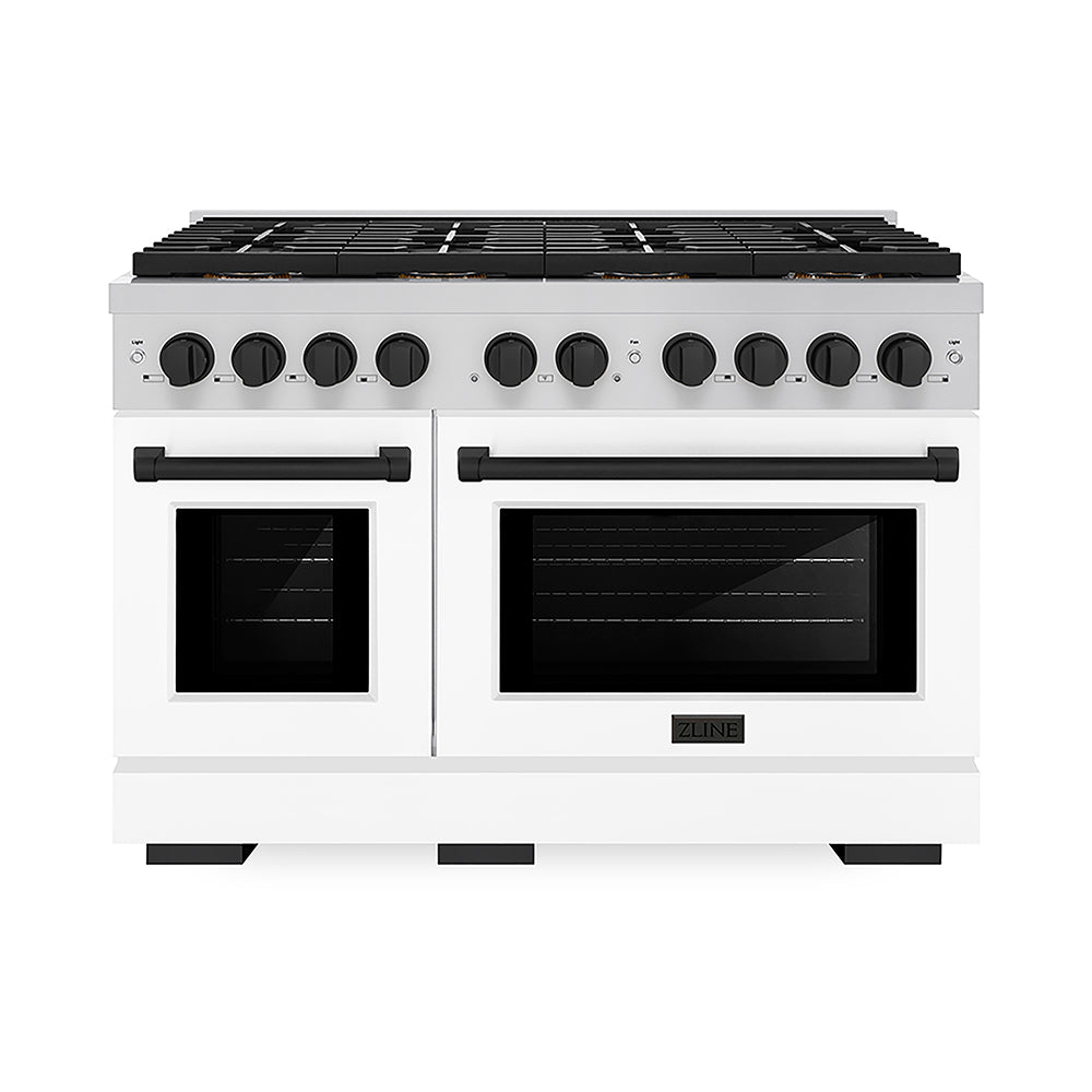 ZLINE Autograph Edition Paramount 48-inch range in white matte and matte black accents PSGRZ-WM-48-MB, front view