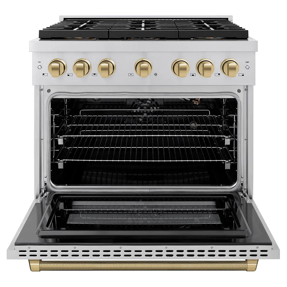 ZLINE Autograph Edition Paramount 36-inch range in stainless steel and champagne bronze accents PSGRZ-36-KCB, front view