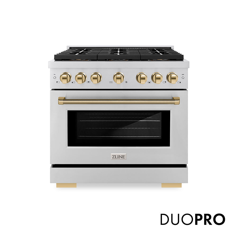 ZLINE Autograph Edition Paramount 36-inch range in stainless steel and polished gold accents PSGRZ-36-KG