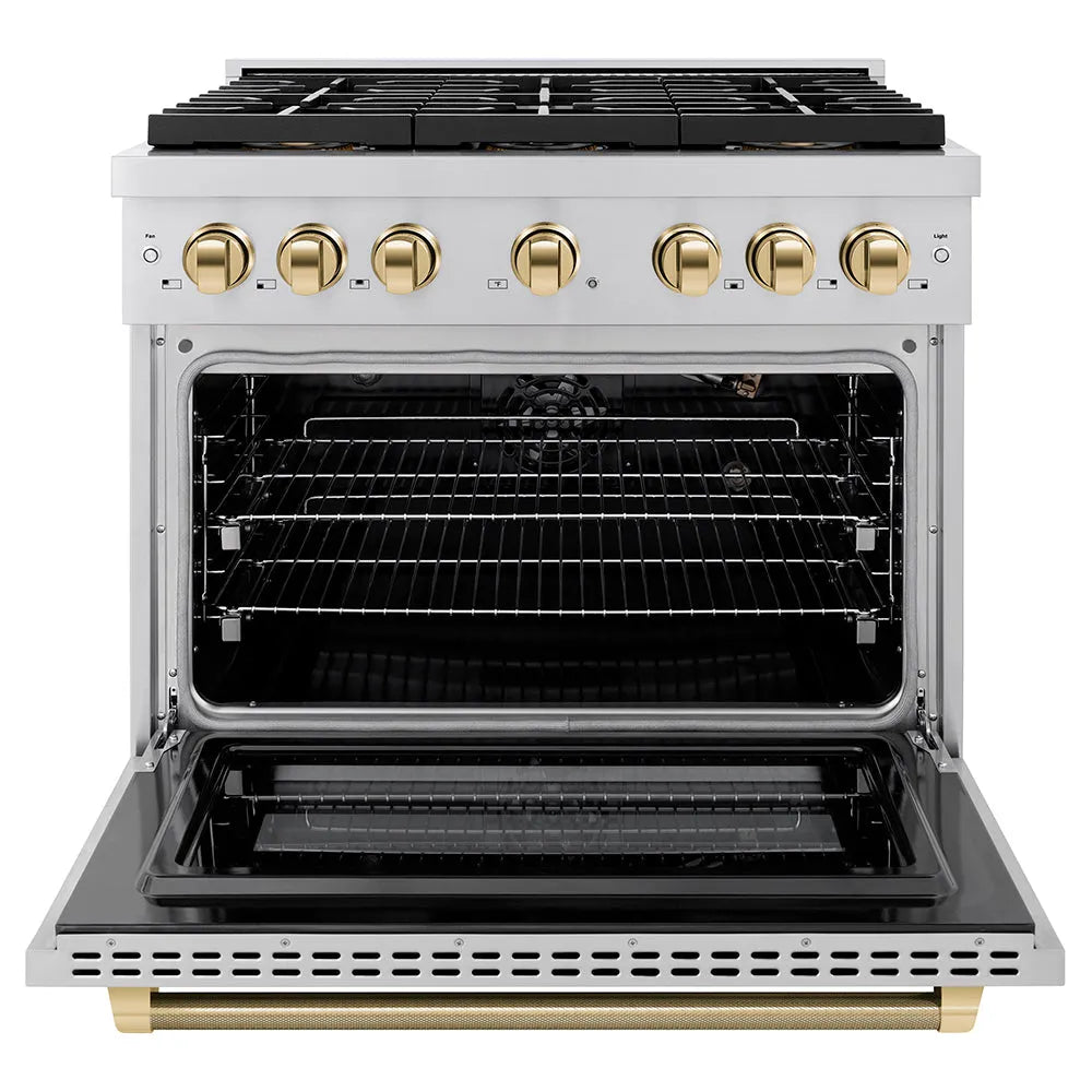 ZLINE Autograph Edition Paramount 36-inch range in stainless steel and polished gold accents PSGRZ-36-KG, front view