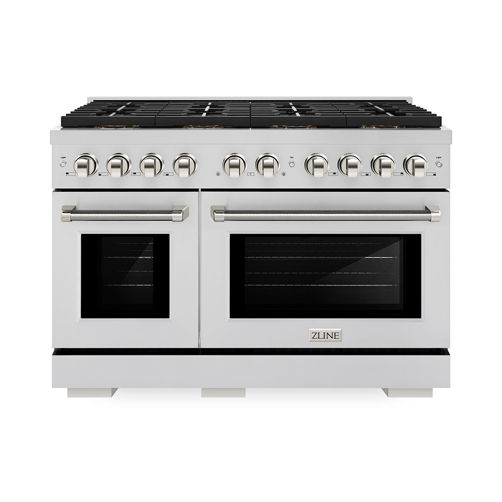 ZLINE Autograph Edition Paramount 48-inch range in stainless steel and polished nickel accents PSGRZ-48-KPN, front view