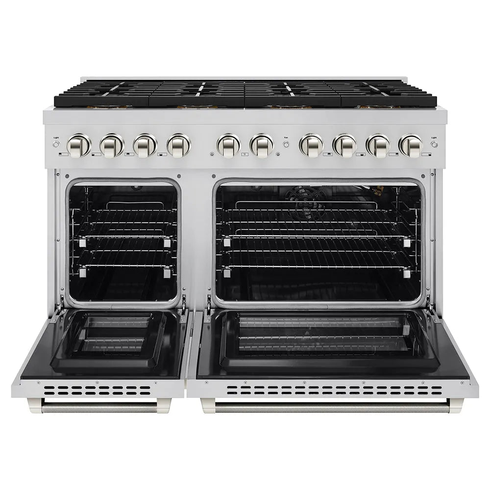 ZLINE Autograph Edition Paramount 48-inch range in stainless steel and polished nickel accents PSGRZ-48-KPN, front view