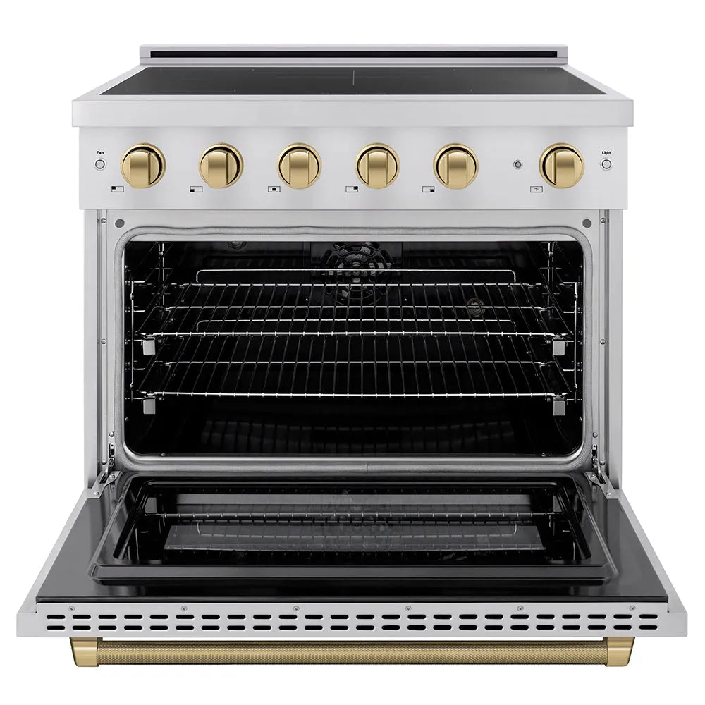 ZLINE Autograph Edition Paramount 36-inch range in stainless steel and champagne bronze accents SINRZ-36-KCB, front view
