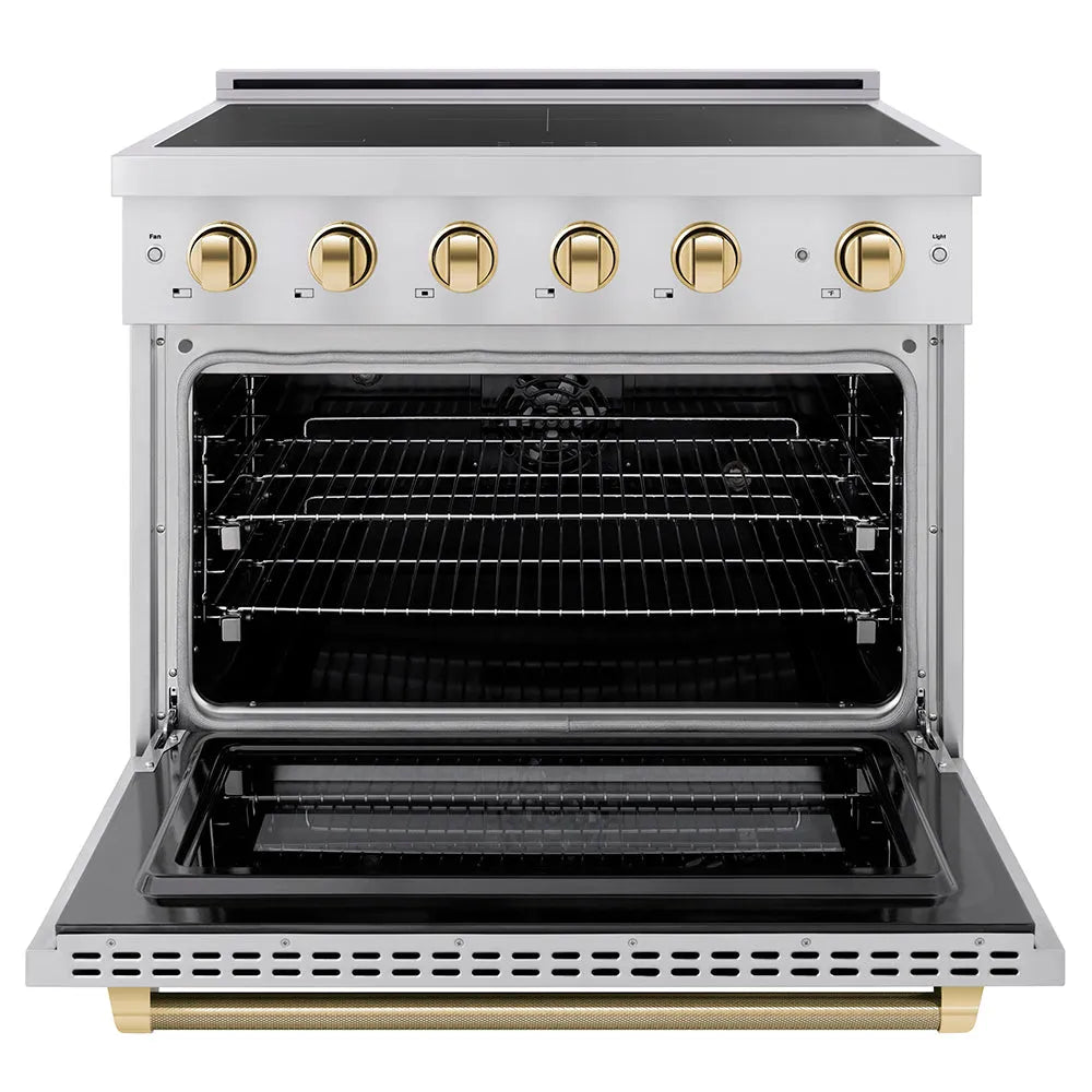 ZLINE Autograph Edition Paramount 36-inch range in stainless steel and polished gold accents SINRZ-36-KG, front view