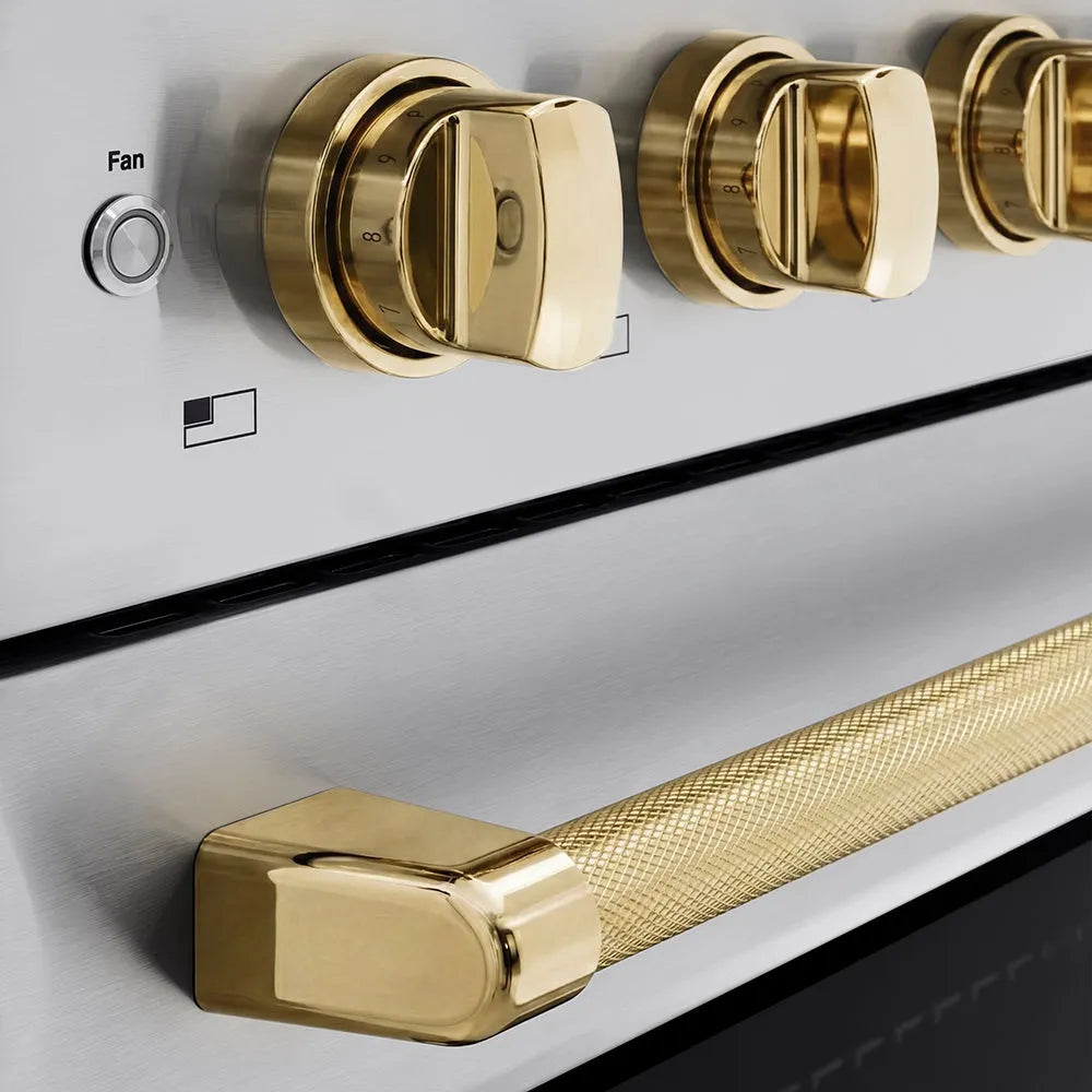 ZLINE Autograph Edition Paramount 36-inch range in stainless steel and polished gold accents SINRZ-36-KG, detail