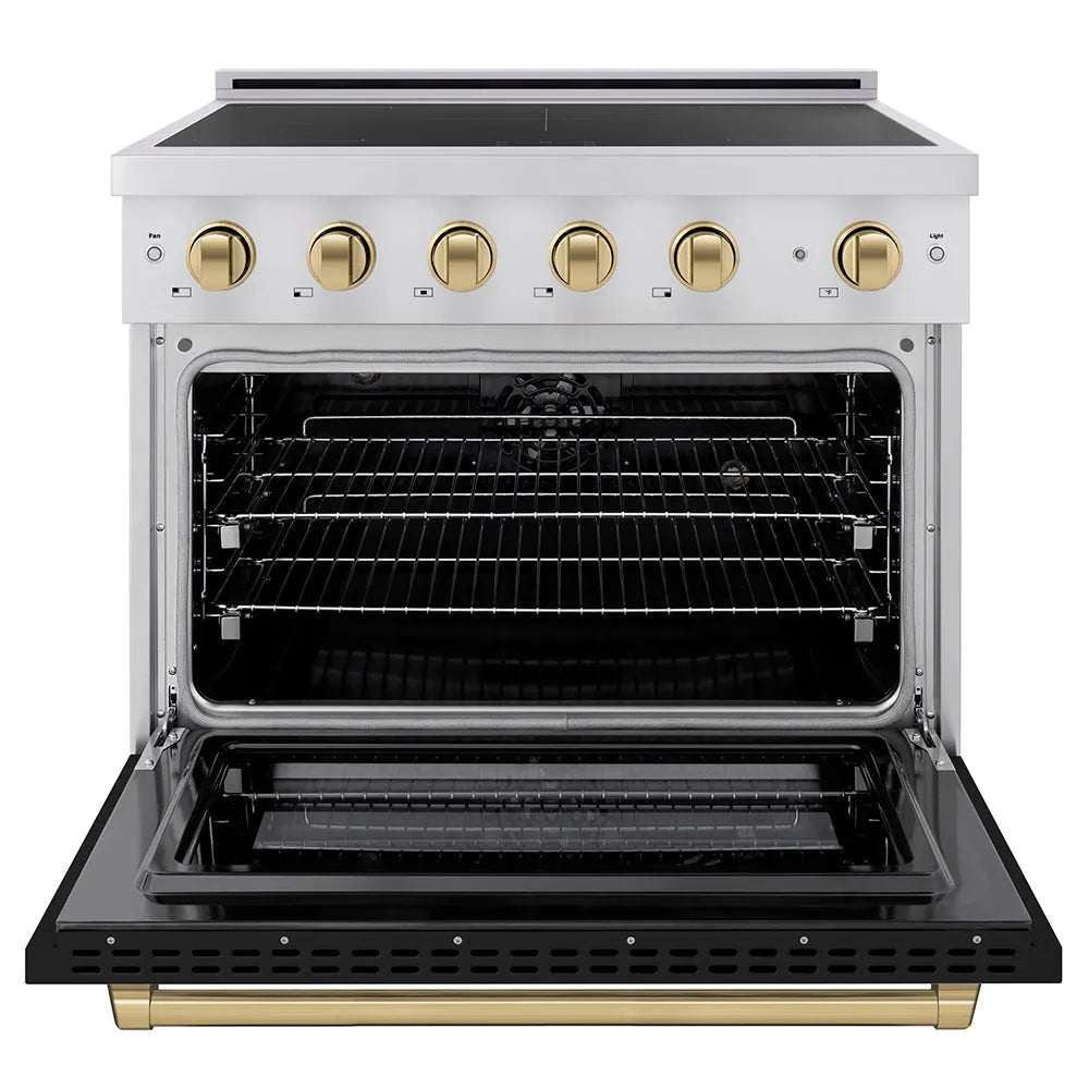ZLINE Autograph Edition Paramount 36-inch range in stainless steel with black matte door and champagne bronze accents SINRZ-BLM-36-CB, front view