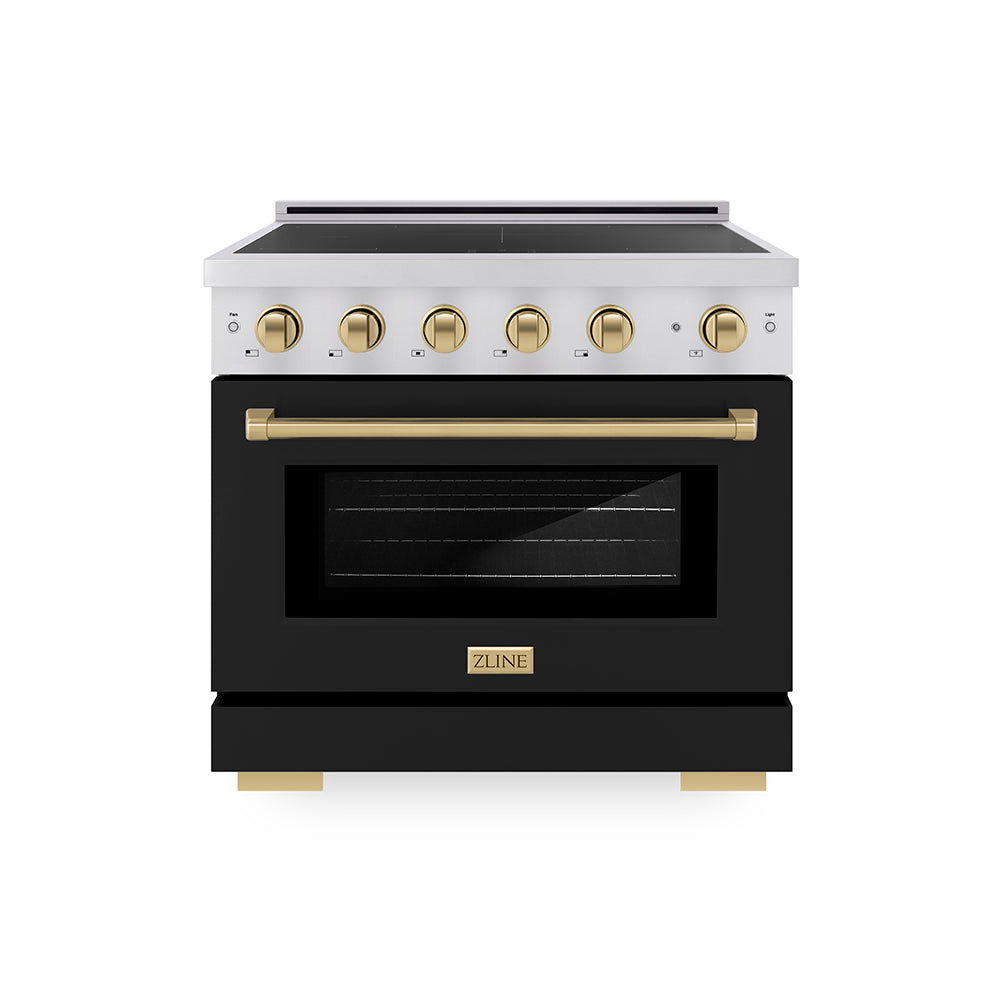 ZLINE Autograph Edition Paramount 36-inch range in stainless steel with black matte door and champagne bronze accents SINRZ-BLM-36-CB