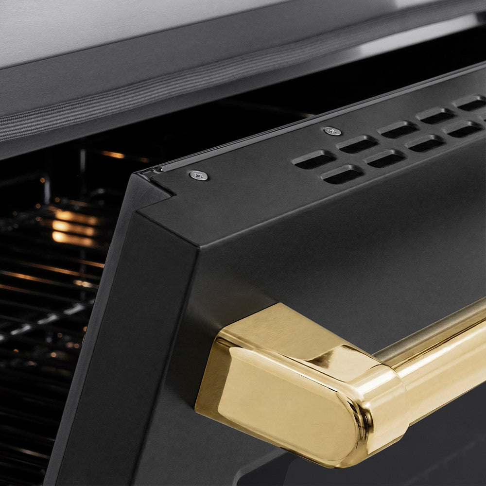 ZLINE Autograph Edition Paramount 36-inch range in stainless steel with black matte door and polished gold accents SINRZ-BLM-36-G, detail