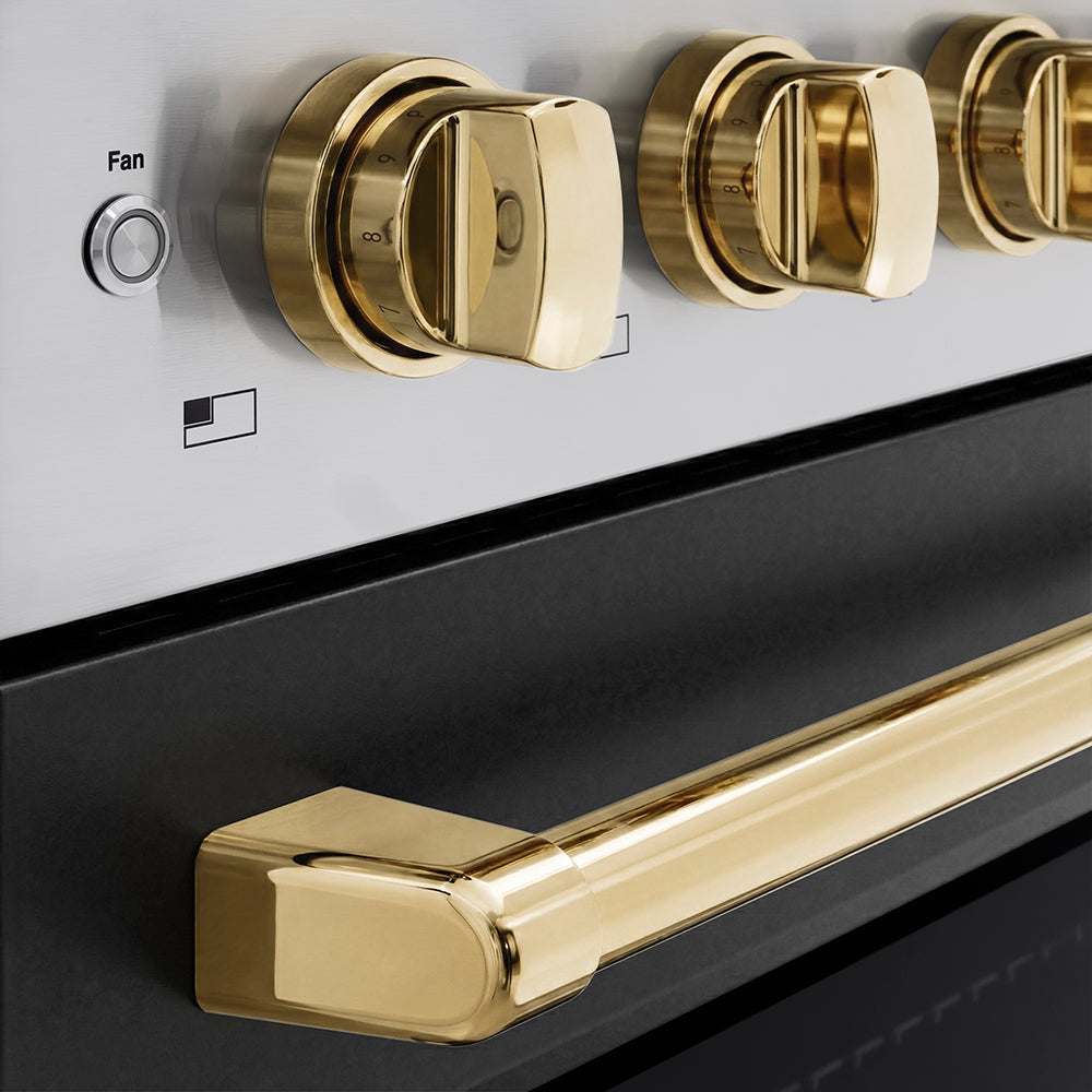 ZLINE Autograph Edition Paramount 36-inch range in stainless steel with black matte door and polished gold accents SINRZ-BLM-36-G, detail
