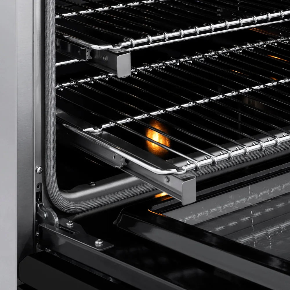 ZLINE Autograph Edition Paramount 36-inch range in stainless steel with black matte door and polished gold accents SINRZ-BLM-36-G, detail