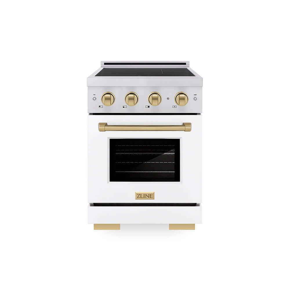 ZLINE Autograph Edition Paramount 24-inch range in stainless steel with white matte door and champagne bronze accents SINRZ-WM-24-CB