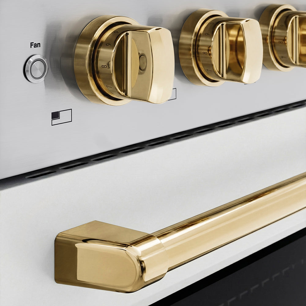 ZLINE Autograph Edition Paramount 24-inch range in stainless steel with white matte door and polished gold accents SINRZ-WM-24-G, detail