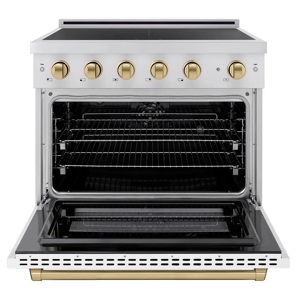 ZLINE Autograph Edition Paramount 36-inch range in stainless steel with white matte door and champagne bronze accents SINRZ-WM-36-CB, front view