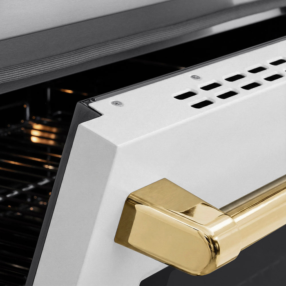 ZLINE Autograph Edition Paramount 36-inch range in stainless steel with white matte door and polished gold accents SINRZ-WM-36-G, detail