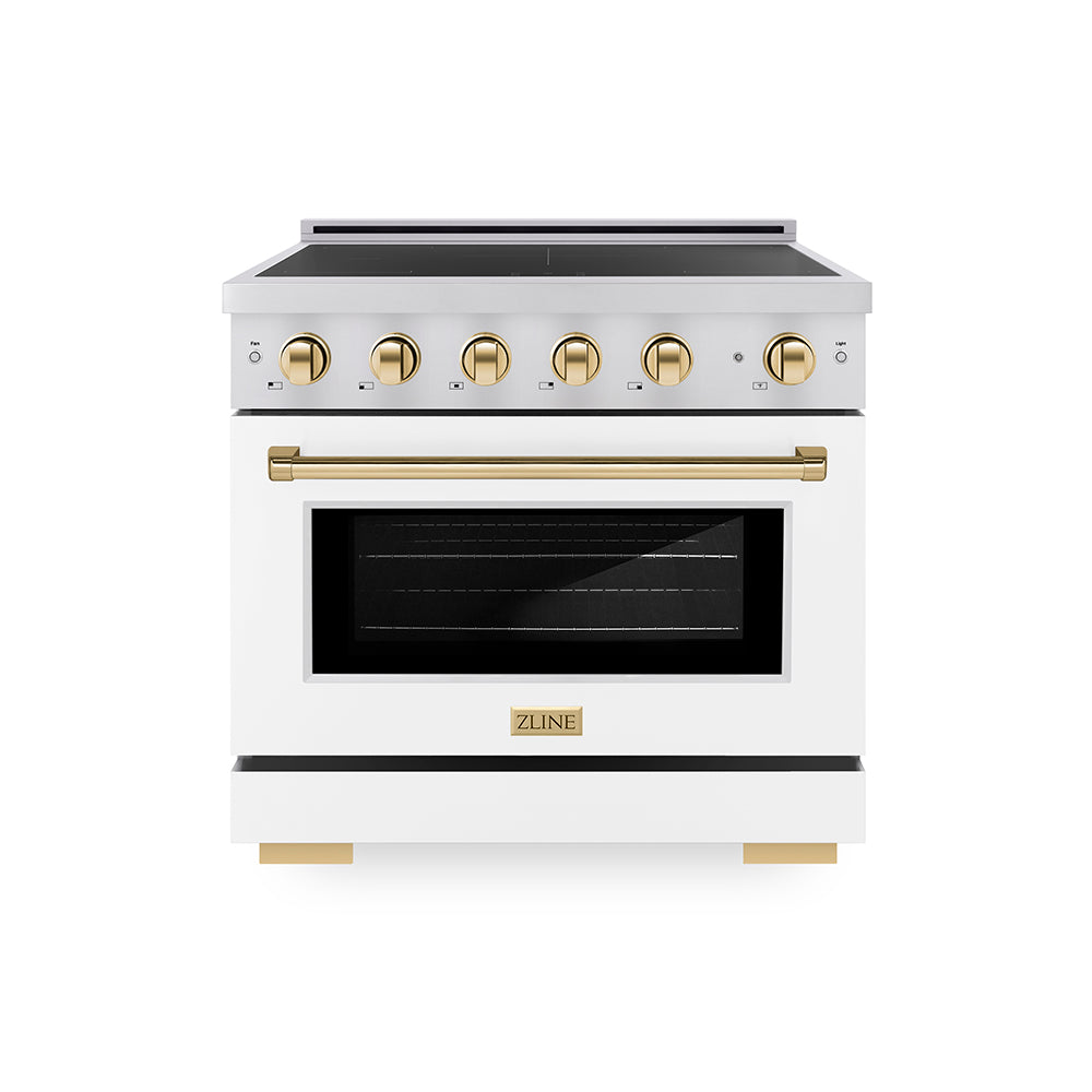 ZLINE Autograph Edition Paramount 36-inch range in stainless steel with white matte door and polished gold accents SINRZ-WM-36-G