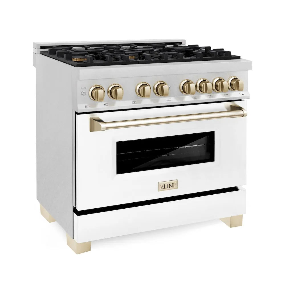 ZLINE Autograph Edition Legacy 36-inch range in satin stainless steel with white matte door and polished gold accents RASZ-WM-36-G