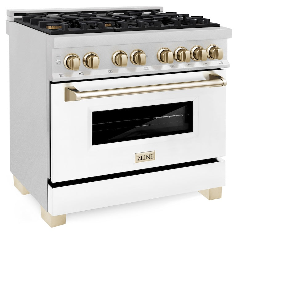 ZLINE Autograph Edition Legacy 36-inch range in satin stainless steel with white matte door and polished gold accents RASZ-WM-36-G, view 3